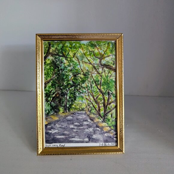 Kapa'a Quarry Road II- Sun Dappled Shady Trees Original Watercolor Brass Frame - Picture 2 of 5